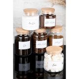 Dolkin Home 6'lı Ahşap Vakum Kapaklı Etiketli Çay Şeker Filtre Türk Kahvesi Süt Tozu Cam Kavanoz Seti 800-500 ml - Şeffaf