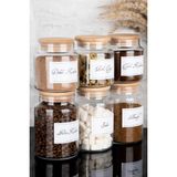 Dolkin Home 6'lı Ahşap Vakum Kapaklı Etiketli Filtre Dibek Türk Kahve Şeker Bitki Çayı Cam Kavanoz Set 800-500 ml - Şeffaf
