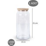 Dolkin Home Bambu Kapaklı Vakumlu Büyük Boy 1300ML Cam 1 Adet Kavanoz - Şeffaf
