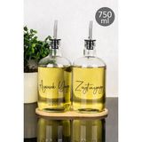 Dolkin Home Bambu Stantlı 2'li Çelik Tıpalı 750ML Cam Ayçiçek Yağı Zeytinyağı Şişesi Şeffaf Etiketli Yağdanlık - 750 ml