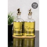 Dolkin Home Bambu Stantlı 2'li Gold Tıpalı 750Ml Cam Ayçiçek Yağı Zeytinyağı Şişesi Şeffaf Etiketli Yağdanlık