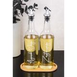 Dolkin Home İkili 750 ml Bambu Stantlı Beyaz Etiketli Ayçiçek Yağı ve Zeytinyağı Yazılı Yağlık Sıvı Yağ Şişesi Gümüş Tıpalı Cam Yağdanlık Sosluk
