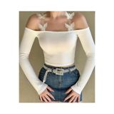 Doll Wear Butik Beyaz Kelebek Askı Detaylı Kayık Yaka Uzun Kollu Bluz