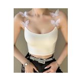 Doll Wear Butik Beyaz Kelebekli Askılı Likralı Crop Top Bluz