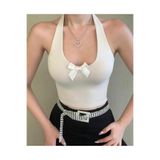Doll Wear Butik Krem Taş Detaylı Fiyonklu Likralı Halter Yaka Crop Top Bluz