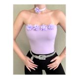 Doll Wear Butik Lila Straplez Çiçek Detaylı Crop Top Bluz
