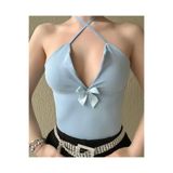 Doll Wear Butik Mavi Fiyonklu Boyundan Bağlamalı Crop Bluz