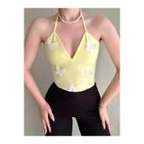 Doll Wear Butik Sarı Halter Yaka Kelebek Detaylı Boyundan Bağlamalı Crop Bluz