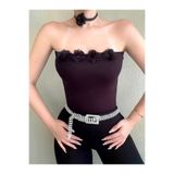Doll Wear Butik Siyah Straplez Çiçek Detaylı Crop Top Bluz