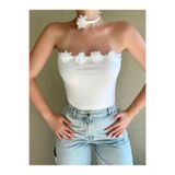 Doll Wear Butik Straplez Çiçek Detaylı Beyaz Crop Bluz