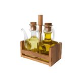 Dolphfin Premium Ahşap Yağlık Sirkelik Seti, Akasya Ağacı Stand, 200ml+200ml Cam Şişe, Modern Tasarım, Mutfak İçin