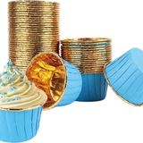 Dolphin 25li Muffin Kalıbı - Cupcake kalıpları, Su Geçirmez ve Yağ Geçirmez Pişirme Kağıtları, Ev veya Parti İçin Alüminyum Folyo Pişirme Kek Kapları - Mavi-Altın