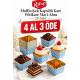 Dolphin Muffin Kek Kapsülü Kare Pötikare Mavi-Altın 25li | Cupcake Kalıbı, Kağıt Muffin Kapsülü, Kek Kalıbı, Muffin Cup - Desenli Mavi - Altın