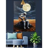 Dolunay Altında Oturan Gitarist Astronot Dekoratif Kanvas - Mdf Ahşap Tablo