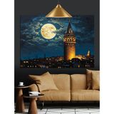 Dolunay Altında Tarihi Galata Kulesi Dekoratif Kanvas - Mdf Ahşap Tablo - 70x100 Cm