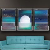 Dolunay Deniz Kuşlar ve Kayık_ Temalı Aynalı Çerçeveli 3 lü Kanvas Tablo Seti 150x70 cm