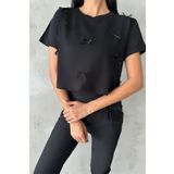 Domoda %100 Pamuk Aplike Kurdeleli Siyah Crop Boxy Kadın Bisiklet Yaka Kısa Kol Bluz Tişört @Novara