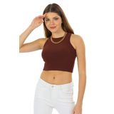 Domoda Crop Halter Yaka Kaşkorse Örme Fitilli Atlet - L - Kahverengi
