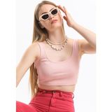 Domoda Crop Top Kalın Askılı Kaşkorse Fitilli Kısa Kadın Atlet - S - Açık Pembe