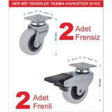 Döner Tablalı 50'lik Masa Dolap Sehpa Raf Mobilya Tekeri 2 Adet Frenli - 2 Adet Frensiz 4 Adet