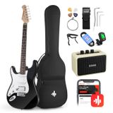 Donner Thunder Solak Elektro Gitar Seti Acemi Tam Boy Siyah 39 Inç Lefty Starter Paketi Tüm Aksesuarları Amplifikatör Capo Askı Dize Tuner Kablosu ve Seçtikleri DST-100BL