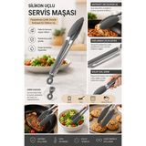 Doori Silikon Uçlu Paslanmaz Çelik Servis Maşası Isıya Dayanıklı Mutfak Maşası Salata Izgara Et Mangal Pişirme ve Servis Maşası - 02 - Gri