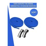 Dopar Elastik Saks Mavisi Akıllı Kilitli Bağcık Mıknatıslı Metal Tak Bırak Spor Ayakkabı Bağcığı 100 Cm