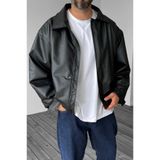 DOPPİO'N DENİM Erkek Siyah Oversize Vintage Deri Ceket