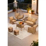 Dora Garden Home Ecem 7 Kişilik Rattan Bahçe Mobilyası ve Tek Kişilik Salıncak Seti - Kahverengi (Siyah Çizgili)