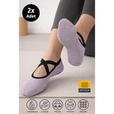 Dore Kadın 2 Çift Premium Pamuklu Kaymaz Taban Pilates Yoga Dans Tavaf Bale Biyeli Babet Çorap Lila Gri 36 - 42 - Bej - Lila - Gri