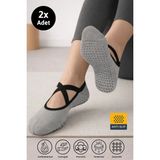 Dore Kadın 2 Çift Premium Pamuklu Kaymaz Taban Pilates Yoga Dans Tavaf Bale Biyeli Babet Çorap Melanj Gri 36 - 42 - Beyaz - Gri Melanj