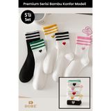 Dore Orijinal Kadın 5'li Set Yumuşacık Bambu 4 Mevsim Kalpli Çizgili Tenis Kolej Premium Çorap 5 Çift