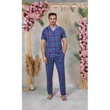 Doreanse 25Y4579 Erkek Ekose Desenli Gömlek T-Shirt Mavi Kırmızı Pijama Takımı - Mavi Kirmizi