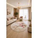 DOREM Kiraz Çiçeği Desenli Yuvarlak Halı Pembe Krem Gold Dekoratif Salon ve Mutfak Halısı