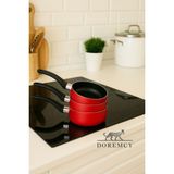 Doremcy 12 cm 3’lü Mini Tava Seti Sütlük, Wok ve Sos Tavası | Teflon Yapışmazbebek Maması Için Uygun - Kırmızı