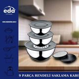 Doremcy Eda 9 Parça Rendeli Karıştırma, Çırpma ve Saklama Kabı Seti – 16, 20, 24 cm, Kapaklı, Rende Başlıklı - Siyah
