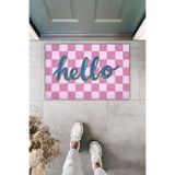 Dormot Dekoratif Dijital Paspas Kişiye Özel Tasarım Hello Kareli Açık Pembe Kapı Önü Paspas 70x45cm