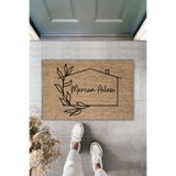 Dormot Home Modern Dijital Baskı - Kahverengi Ev ve Çiçek Temalı - Kişiye Özel Tasarım Kapı Önü Paspas