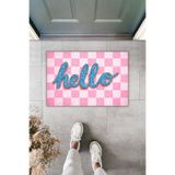 Dormot Modern Dijital Baskı Paspas - Hello Yazılı Pastel pembe Kareli Şık Kapı Önü Paspası