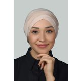 Dört Bantlı Çapraz Dış Tesettür Bonesi Hazır Türban Penye - Bej