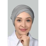 Dört Bantlı Çapraz Dış Tesettür Bonesi Hazır Türban Penye - Gri