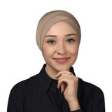 Dört Bantlı Çapraz Dış Tesettür Bonesi Hazır Türban Penye - Koyu Bej