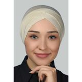 Dört Bantlı Çapraz Dış Tesettür Bonesi Hazır Türban Penye - Krem