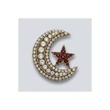 Dorvina Bronz Broş Otantik Takı Kırmızı Ay Yıldız 3 Sıra Kristal İşlemeli Büyük Boy Kadın Yaka İğnesi