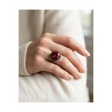 Dorvina Vintage Kadın Yüzük Bronz Otantik Takı Kırmızı Kristal Taş Yuvarlak Kesim Taç Model Ayarlanabilir