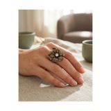 Dorvina Vintage Kadın Yüzük Bronz Otantik Takı Lotus Çiçeği Kırmızı Kristal Taş Ayarlanabilir