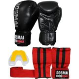 Dosmai Üçlü Boks Kick Boks Muay Thai Eldiveni Bandajlı Eldiven Ve Dişlik Seti Kmp995 - Siyah - 12 oz