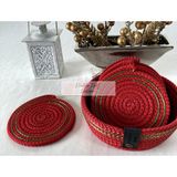 Double Knot Design 7 Prç Bardak Altlığı Set Tress Supla Jüt Hediyelik - Kırmızı - Yeşil