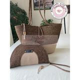 Double Knot Design Bailey 2li Takım Plaj Çantası , El Çantası Clutch, Totebag, Kadın Çanta, Yazlık, Hediyelik, hasır Jüt Tress - Kahve