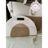 Double Knot Design Bailey 2li Takım Plaj Çantası , El Çantası Clutch, Totebag, Kadın Çanta, Yazlık, Hediyelik, hasır Jüt Tress - Krem - Beyaz